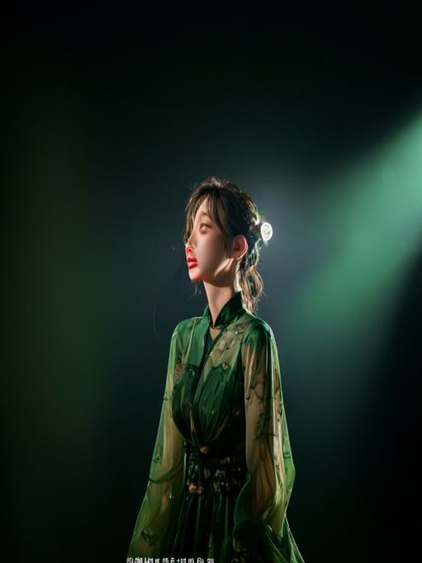 水野朝阳在舞台聚光灯下演出的全身照，橄榄绿背景光晕中艺人身着精致演出服，神情专注而充满感染力，画面温暖明亮