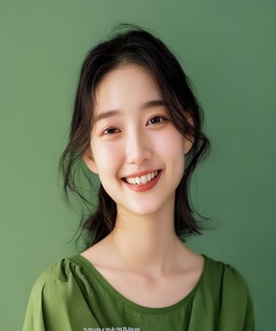 水野朝阳的个人写真照，自然光线下艺人面带微笑，清新气质与橄榄绿背景相得益彰，展现真实亲切的日常面貌