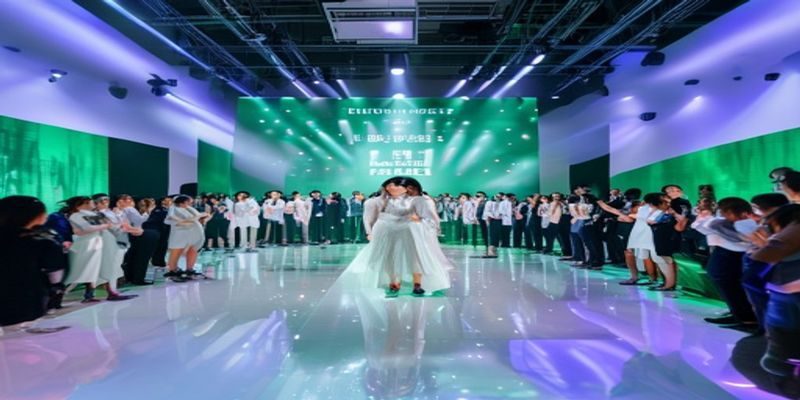 水野朝阳2026新专辑发布会现场，艺人身着白色礼服站在巨幅专辑海报前，橄榄绿灯光氛围感极强
